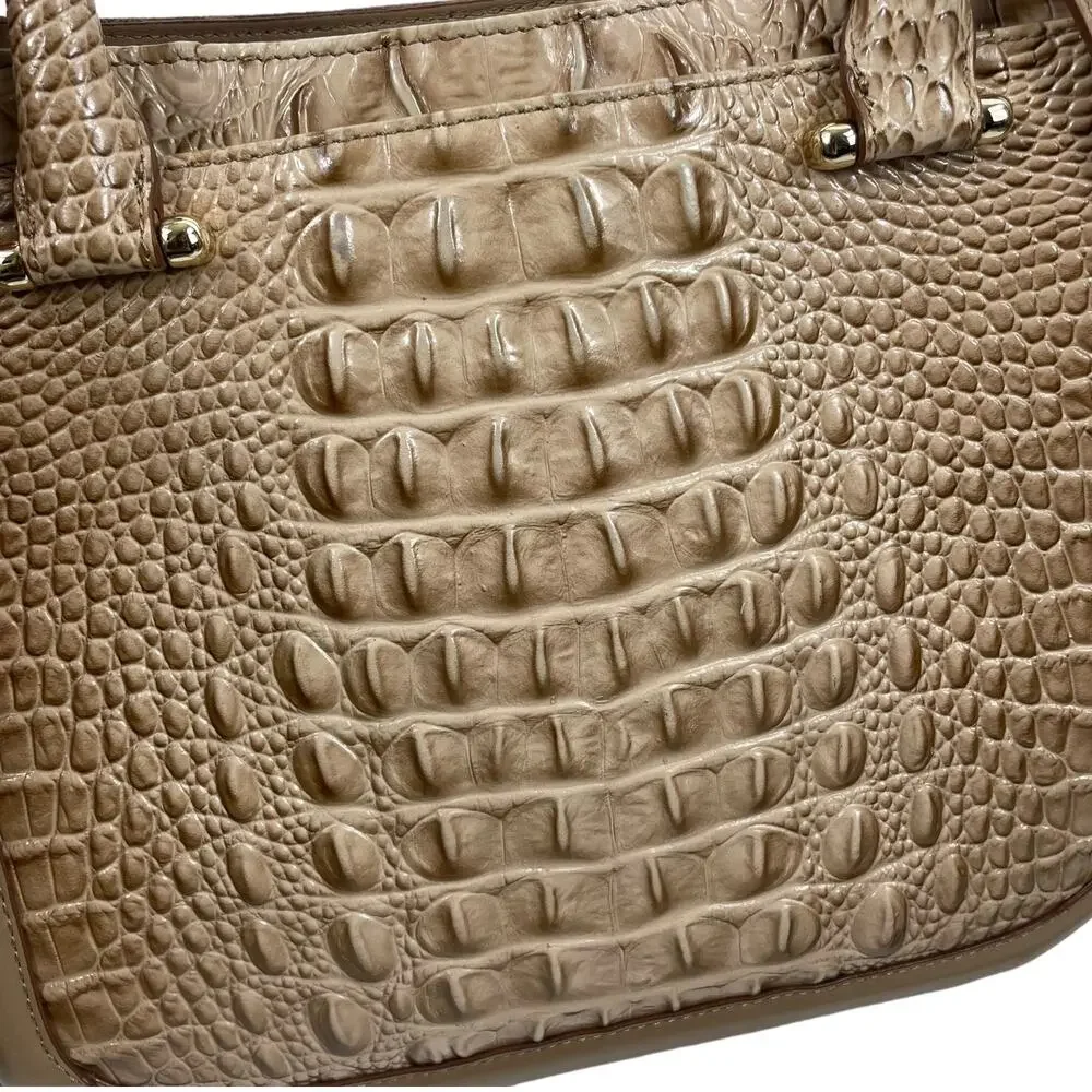 Brahmin Small Lena Satchel Bag Travertine Brevik Croc Embossed Suede Tan